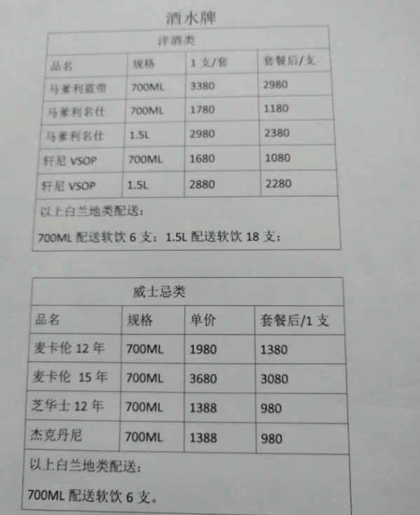 名门KTV酒水套餐